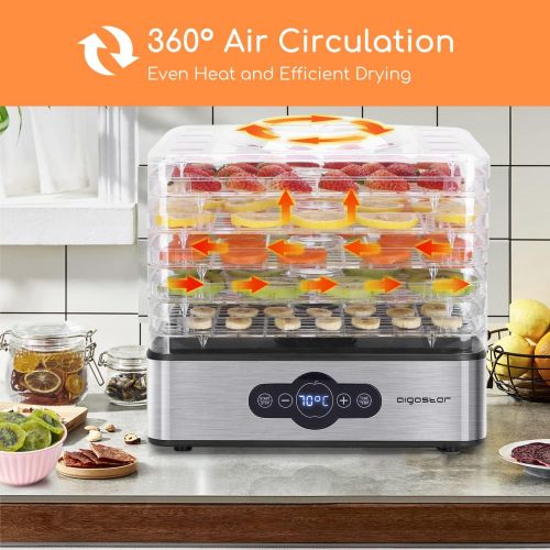  [아마존베스트]Aigostar Crispy  Dehydrator with 5 Compartments, Dehydrator for Meat, Fruit, Vegetables, Herbs, Stainless Steel with Timer and Temperature Control, 30-70 °C, Overheating Protectio