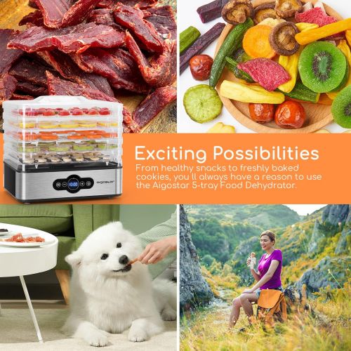  [아마존베스트]Aigostar Crispy  Dehydrator with 5 Compartments, Dehydrator for Meat, Fruit, Vegetables, Herbs, Stainless Steel with Timer and Temperature Control, 30-70 °C, Overheating Protectio