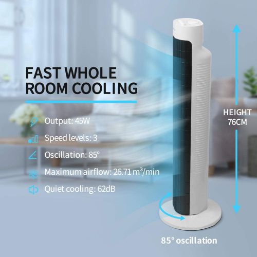  [아마존베스트]Aigostar Tower fan, bladeless fan, bedroom floor fan, quiet column fan, 76 cm high, 45 watts, 85° oscillation, 3 speed levels, timer, black and white.