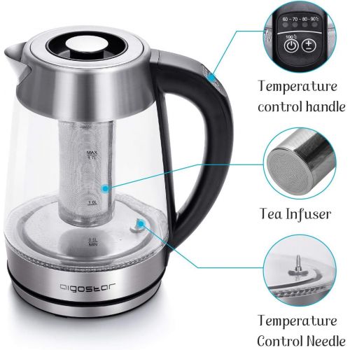  [아마존베스트]Aigostar King 30CEA Kettle Stainless Steel with LED Lighting, 2200 Watts with 1.7 Litre Capacity, Boil-Drying Protection, BPA Free