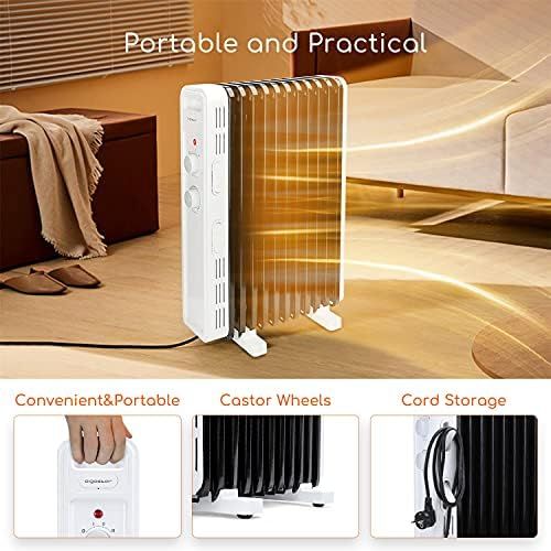 Aigostar Oil Radiator Energy Saving 2300 W Mobile Electric Radiator with 11 Heating Plates, 3 Heat Settings, Thermostat, Tilt and Overheating Protection, Oil Filled Radiator, White