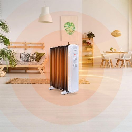  Aigostar Oil Radiator Energy Saving 2300 W Mobile Electric Radiator with 11 Heating Plates, 3 Heat Settings, Thermostat, Tilt and Overheating Protection, Oil Filled Radiator, White