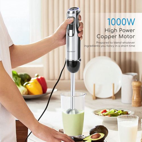  Aigostar Mixmaster Hand Blender, 1000 Watt, Puree Rod, Stainless Steel Test Winner with 6 Speeds, Removable Stainless Steel Mixing Base, Turbo Function, 600 ml Measuring Cup, Bla