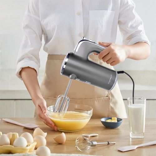  Aigostar Adela Hand Mixer 400W Ultra Power Mixer Hand Stirrer with 1 Storage Holder, 5 Speeds, Turbo Boost, 2 Whisk and 2 Dough Hooks, for Eggs, Dough, Cakes, etc. Silver Grey