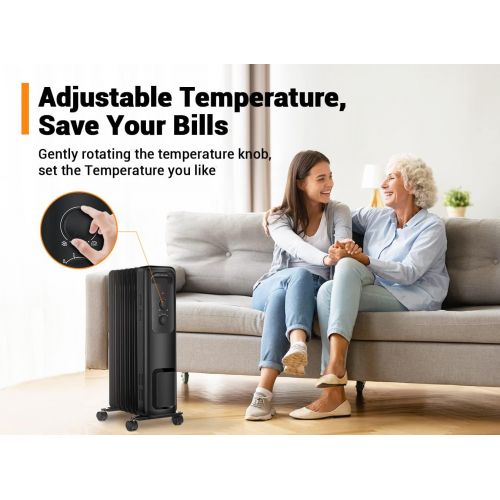  [아마존베스트]Space heater, Aikoper 1500W Oil Filled Radiator Heater with 3 Heat Settings, Adjustable Thermostat, Quiet Portable Heater with Tip-over & Overheating Functions for Home, Office, Bl