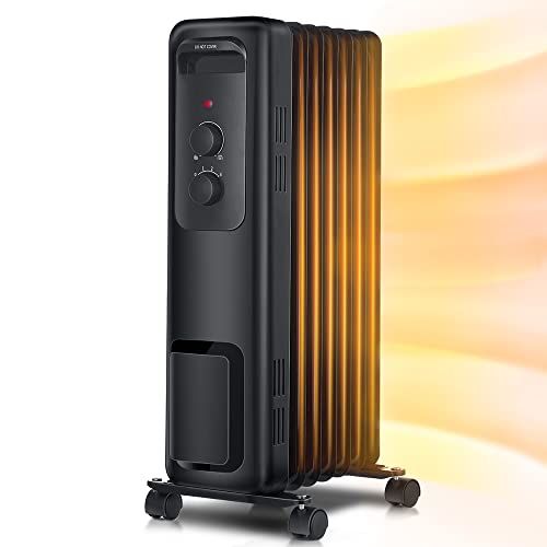  Space heater, Aikoper 1500W Oil Filled Radiator Heater with 3 Heat Settings, Adjustable Thermostat, Quiet Portable Heater with Tip-over & Overheating Functions for Home, Office, Bl