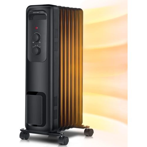  Space heater, Aikoper 1500W Oil Filled Radiator Heater with 3 Heat Settings, Adjustable Thermostat, Quiet Portable Heater with Tip-over & Overheating Functions for Home, Office, Bl