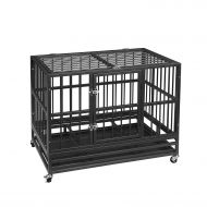 Ainfox 37/42/48 Heavy Duty Metal Dog Crate, Large Double Door Folding Strong Dog Pet Kennel Cage Tray, Fits Large Dog Breeds