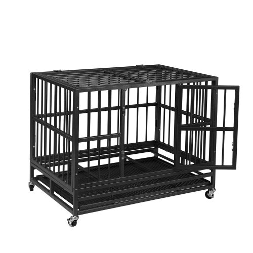  Ainfox 37/42/48 Heavy Duty Metal Dog Crate, Large Double Door Folding Strong Dog Pet Kennel Cage Tray, Fits Large Dog Breeds