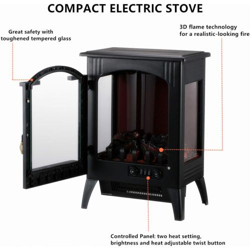  Ainfox Electric Fireplace Heater, 1500W Free Standing Electric Wood Stove Fireplace Heater with Thermostat for Office and Home