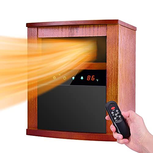  Air Choice Electric Space Heater, 1500W Infrared Heater with 3 Heat Modes, Remote Control & Timer, Room Heater with Overheat & Tip-Over Shut Off Protection Device, Wood Cabinet Heater, Brown