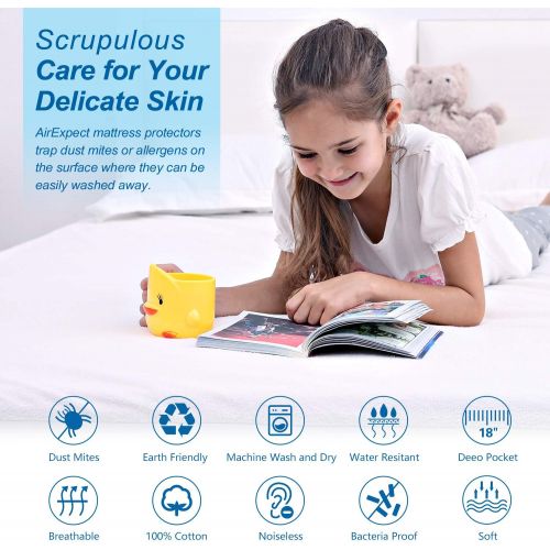  [아마존 핫딜] Waterproof Mattress Protector Queen Size - AirExpect 100% Organic Cotton Hypoallergenic Breathable Mattress Pad Cover, 18 Deep Pocket, Vinyl Free - 60 x 80