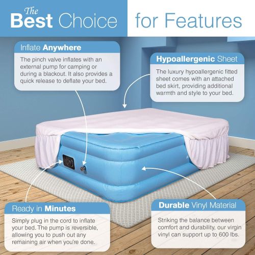  AirMattress.com Air Mattress KING size - Best Choice RAISED Inflatable Bed with Fitted Sheet and Bed Skirt - Built-in High Capacity Airbed Pump