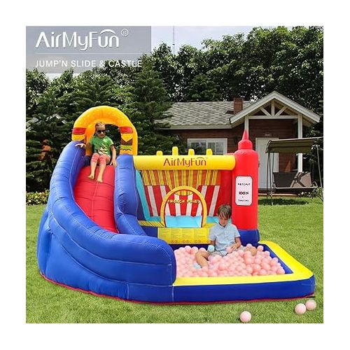  Food Bouncy Castle, Bounce House with Hamburger Ketchup Shape, Jump & Slide Area with Safety Net, Giant Castle with Ball Pit & Air Blower