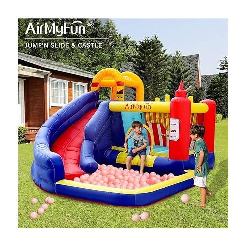  Food Bouncy Castle, Bounce House with Hamburger Ketchup Shape, Jump & Slide Area with Safety Net, Giant Castle with Ball Pit & Air Blower