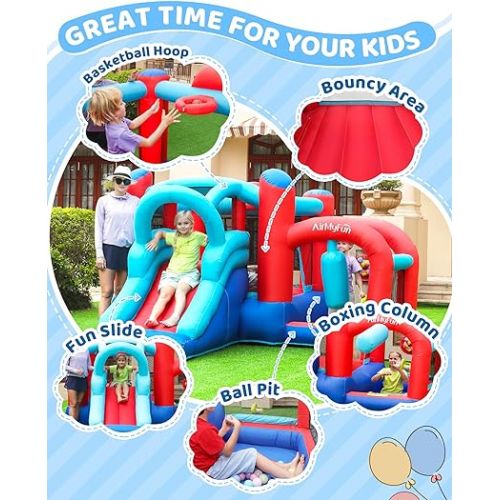  Inflatable Bounce House, Bouncy House with Slide,Indoor Outdoor Bounce House with Ball Pit,Basketball Hoop,Target Balls and Boxing,Inflatable Bouncer for Party