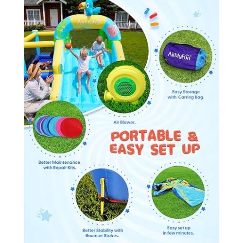 Bounce House with Blower, Inflatable Jump Bouncy Castle for Kids, with Wide Slide, Ball Pool for Backyard Play & Party Fun, A82031