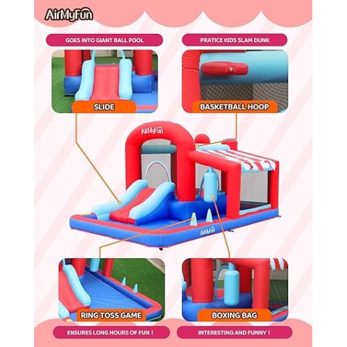  Inflatable Bounce House with Slide, Jumping Castle with Blower,Children Outdoor Playhouse with Jumping Ball Pit&Basketball Hoop&Target Balls