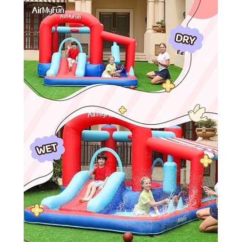  Inflatable Bounce House with Slide, Jumping Castle with Blower,Children Outdoor Playhouse with Jumping Ball Pit&Basketball Hoop&Target Balls