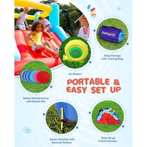  Inflatable Bounce House with Slide, Big Kids Bouncy House with Blower, Ball Pool, Basketball Hoop - Jumping Castle for Indoor and Outdoor Family Backyard Fun and Parties.