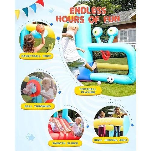  Inflatable Bounce House with Slide, Big Kids Bouncy House with Blower, Ball Pool, Basketball Hoop - Jumping Castle for Indoor and Outdoor Family Backyard Fun and Parties.