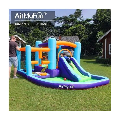  Inflatable Bounce House, Bouncer & Slide with Air Blower,Play House with Ball Pool,Inflatable Kids Slide,Jumping Castle with Carry Bag,Blue