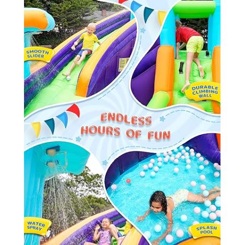  Inflatable Waterslide, Water Bounce House for Wet and Dry, Kids Bouncy House Water Park with Air Blower, Water Spray, Splash Pool, A83021