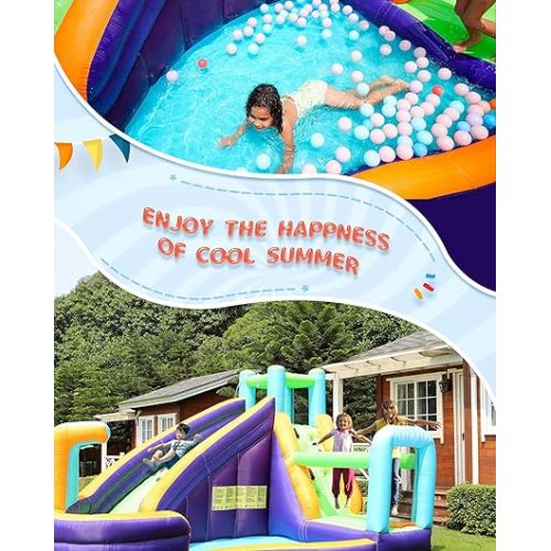  Inflatable Waterslide, Water Bounce House for Wet and Dry, Kids Bouncy House Water Park with Air Blower, Water Spray, Splash Pool, A83021
