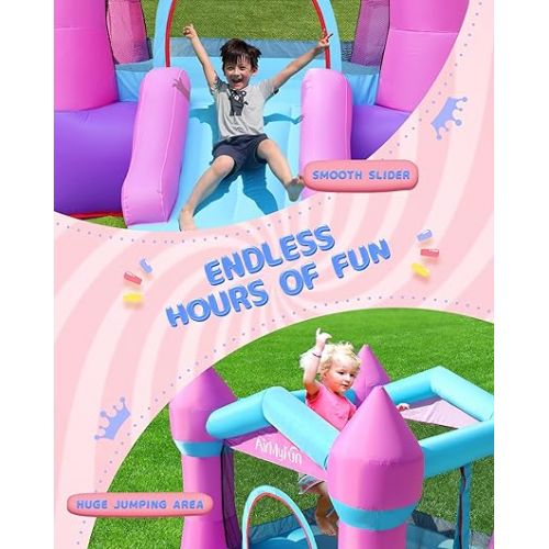  Toddler Bounce House with Blower for Kids 3-8, Inflatable Bouncy Jumping Castle with Slide, Indoor/Outdoor Pink Bouncer House, 82011B