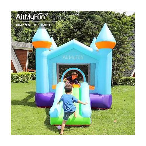  Kids Bounce House with Blower, Inflatable Slide Bouncy House Blue Bouncy Castle for Wet & Dry,Toddlers Jumping Castle for Indoor and Outdoor