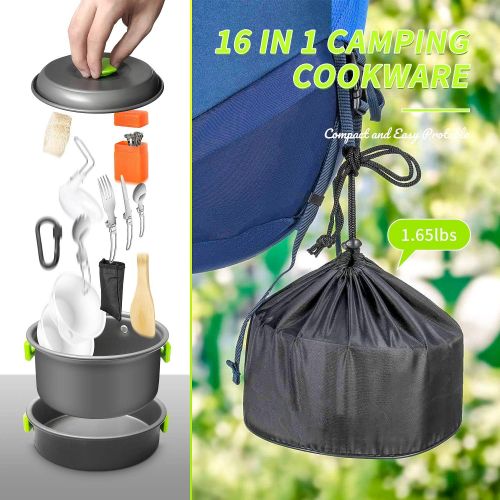 아이르 AIRE 16 Pcs Camping Cookware Set Stove Canister Stand Tripod Outdoor Hiking Picnic Non-Stick Cooking Backpacking with Folding Knife and Fork Set Mess Kit