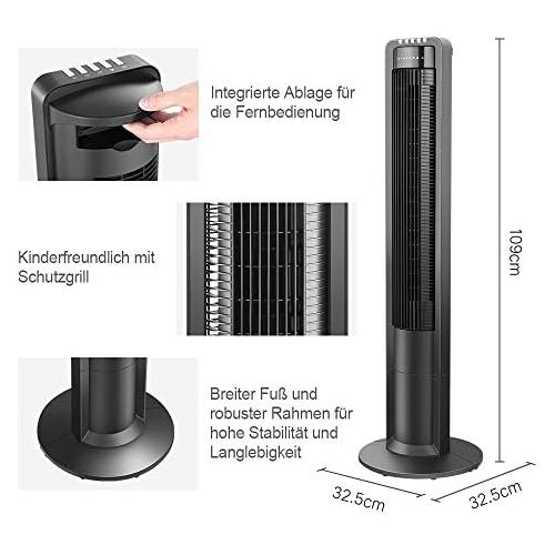  [아마존베스트]Airvention tower fan with remote control, 109 cm, quiet 100° oscillating column fan, standing fan, black, timer, 40 W energy-saving, 3 speeds, X01a, tower fan