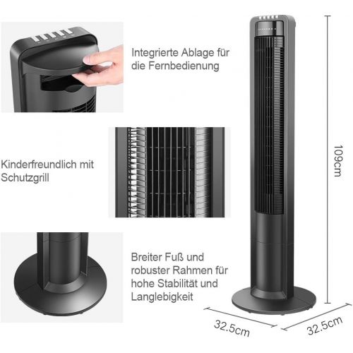  [아마존베스트]Airvention tower fan with remote control, 109 cm, quiet 100° oscillating column fan, standing fan, black, timer, 40 W energy-saving, 3 speeds, X01a, tower fan