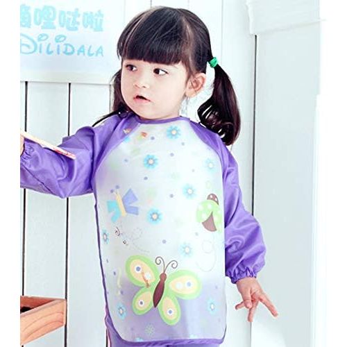  [아마존베스트]Aisa Children Kids Waterproof Long-Sleeved Smock Apron Bib for Eating Painting (Purple Butterfly)
