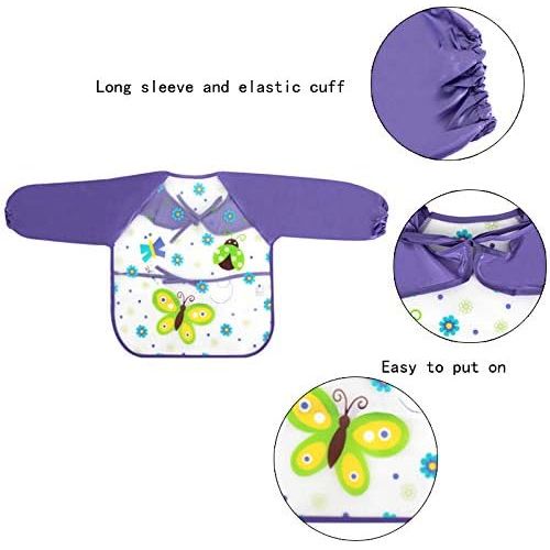  [아마존베스트]Aisa Children Kids Waterproof Long-Sleeved Smock Apron Bib for Eating Painting (Purple Butterfly)