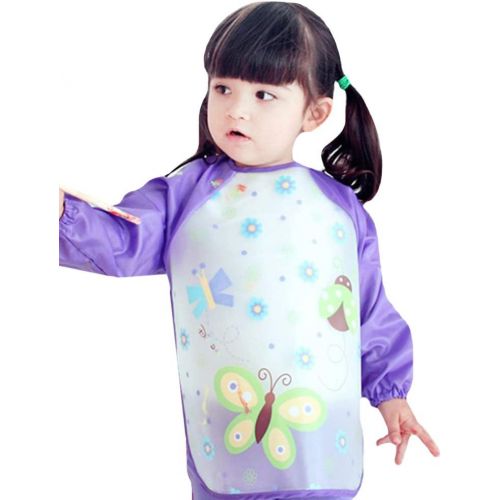  [아마존베스트]Aisa Children Kids Waterproof Long-Sleeved Smock Apron Bib for Eating Painting (Purple Butterfly)