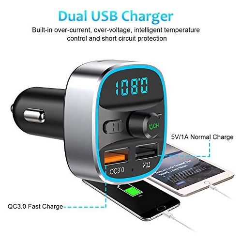  [아마존베스트]-Service-Informationen Karcore FM Transmitter, Bluetooth FM Transmitter Car Radio Adapter, Dual USB Charger QC3.0 and 5V/1A, Hands-Free Calling, Supports TF Card & USB Stick [with 7 Colours Ambient Light