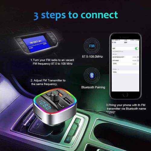  [아마존베스트]-Service-Informationen Karcore FM Transmitter, Bluetooth FM Transmitter Car Radio Adapter, Dual USB Charger QC3.0 and 5V/1A, Hands-Free Calling, Supports TF Card & USB Stick [with 7 Colours Ambient Light