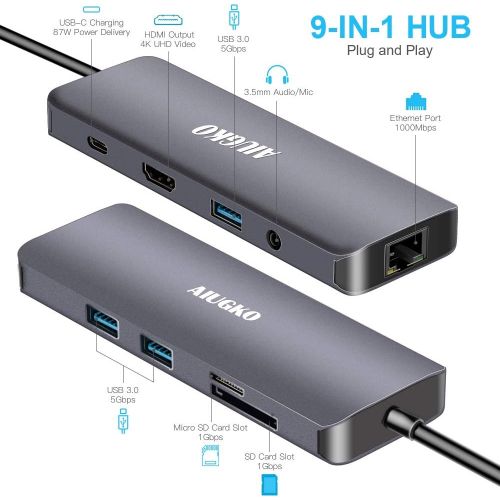  Aiugko USB C Hub 9-in-1 USB C Adapter Hub to Ethernet HDMI Type C Hub DataPD Charge 3USB 3.0 SDTF Card Reader AudioMic Space Grey USB C Adapter for MacMac Pro USB C Devices