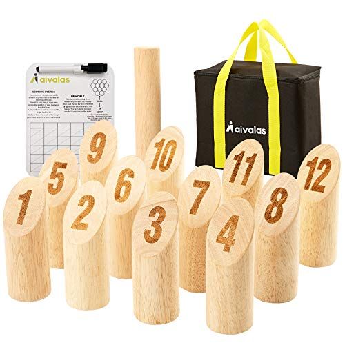  Aivalas Wooden Numbered Block Tossing Game Set, Throwing?Bowling Game with 12 PCS Numbered Pins Throwing Dowel Scoreboard Carrying Bag, Outdoor Lawn Game for All Age