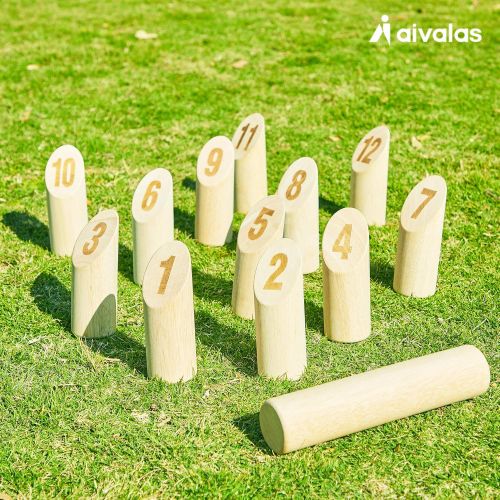  Aivalas Wooden Numbered Block Tossing Game Set, Throwing?Bowling Game with 12 PCS Numbered Pins Throwing Dowel Scoreboard Carrying Bag, Outdoor Lawn Game for All Age