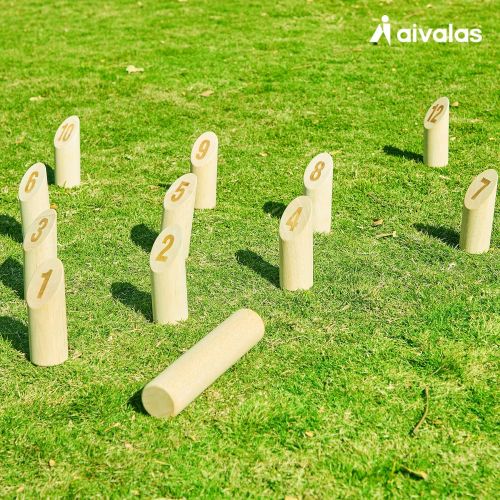  Aivalas Wooden Numbered Block Tossing Game Set, Throwing?Bowling Game with 12 PCS Numbered Pins Throwing Dowel Scoreboard Carrying Bag, Outdoor Lawn Game for All Age