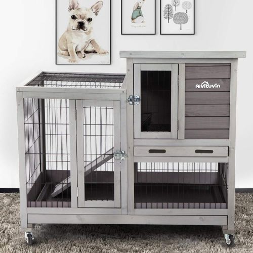  Aivituvin Rabbit Hutch Outdoor Bunny Cage Indoor with Run, Large Rabbit House with Two Deeper Tray - 4 Casters