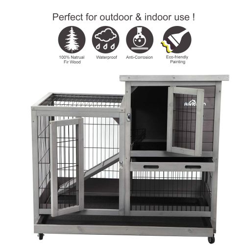  Aivituvin Rabbit Hutch Outdoor Bunny Cage Indoor with Run, Large Rabbit House with Two Deeper Tray - 4 Casters