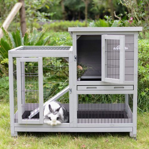  Aivituvin Rabbit Hutch Outdoor Bunny Cage Indoor with Run, Large Rabbit House with Two Deeper Tray - 4 Casters