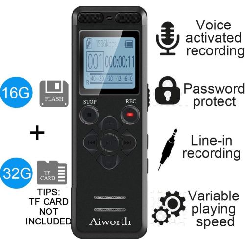  [아마존베스트]16GB Digital Voice Activated Recorder for Lectures - aiworth 1160 Hours Sound Audio Recorder Dictaphone Voice Activated Recorder Recording Device with Playback,MP3 Player,Password,