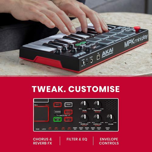  Akai Professional MPK Mini Play | Standalone Mini Keyboard & USB Controller With Built In Speaker, MPC Style Pads, On board Effects, 128 Instrument & 10 Drum Sounds, & Software Sui