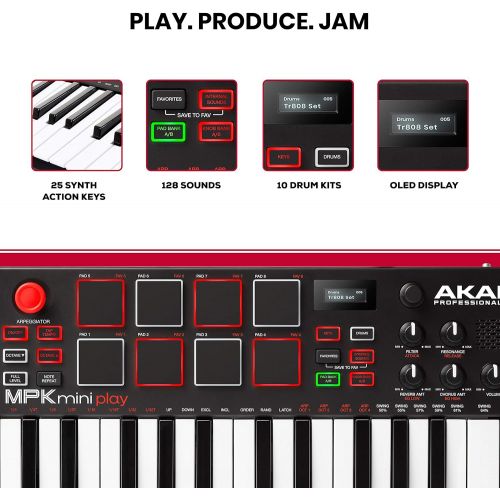  Akai Professional MPK Mini Play | Standalone Mini Keyboard & USB Controller With Built In Speaker, MPC Style Pads, On board Effects, 128 Instrument & 10 Drum Sounds, & Software Sui