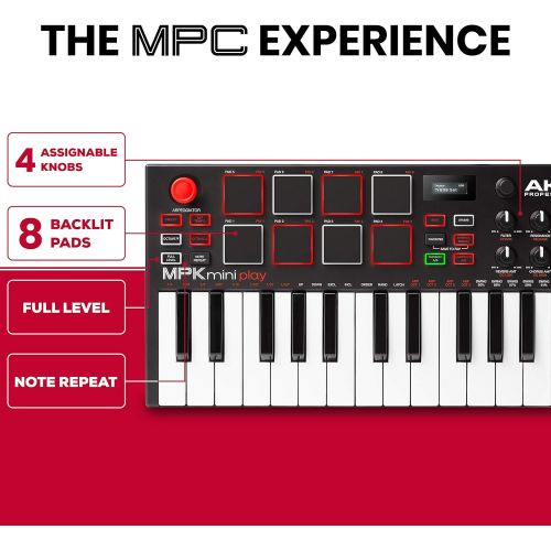  Akai Professional MPK Mini Play | Standalone Mini Keyboard & USB Controller With Built In Speaker, MPC Style Pads, On board Effects, 128 Instrument & 10 Drum Sounds, & Software Sui