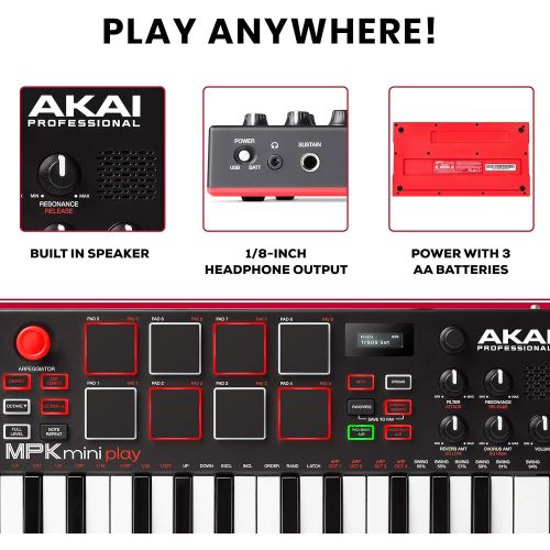  Akai Professional MPK Mini Play | Standalone Mini Keyboard & USB Controller With Built In Speaker, MPC Style Pads, On board Effects, 128 Instrument & 10 Drum Sounds, & Software Sui